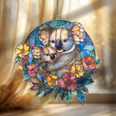 Mother Koala and Baby Acrylic Suncatcher, Stained Glass Style Animal Window Hanging, Cute Wildlife Floral Home Decor Gift